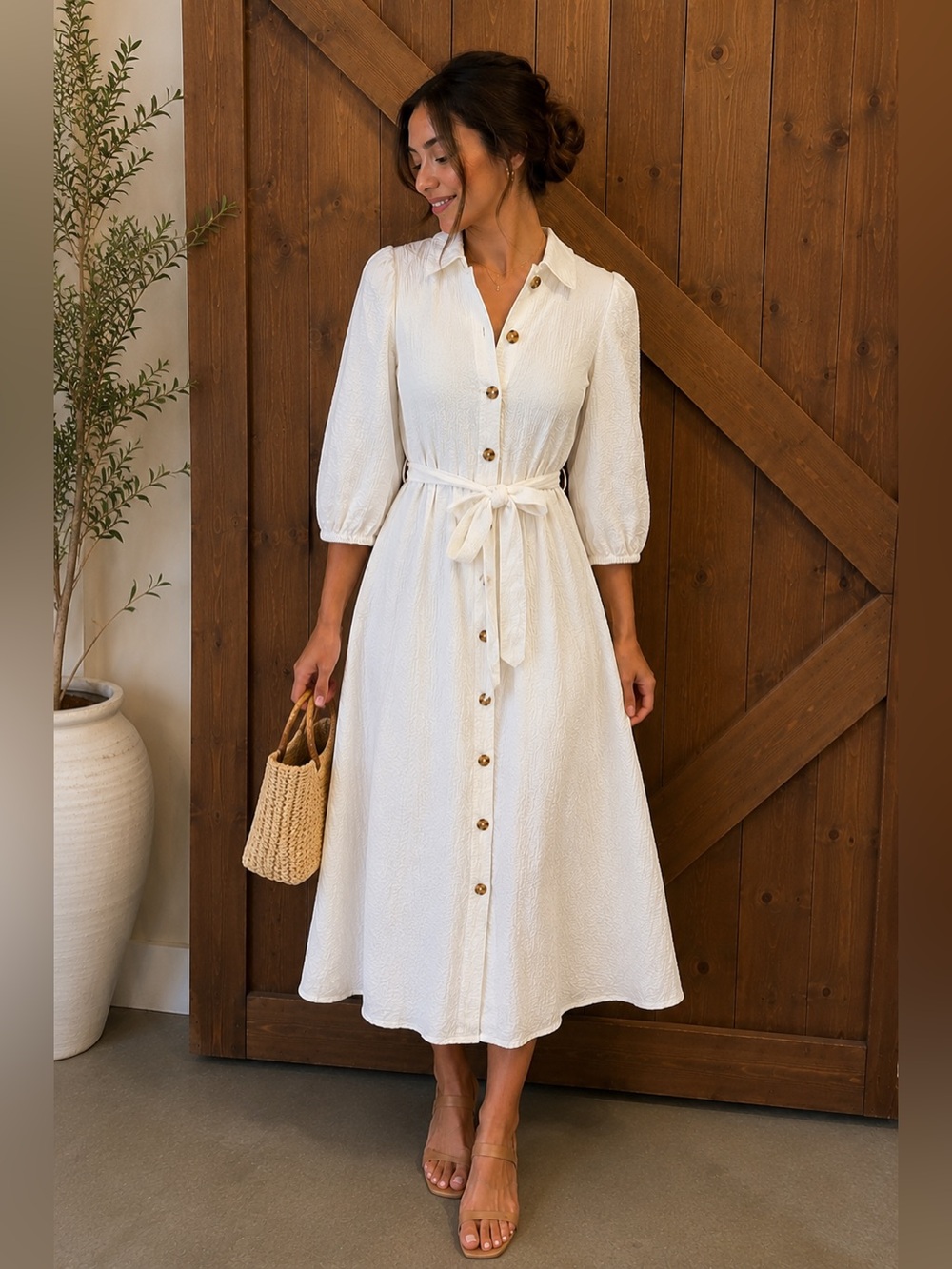 NWT Calvin Klein Textured White Button-Front Dress with Tie Waist
